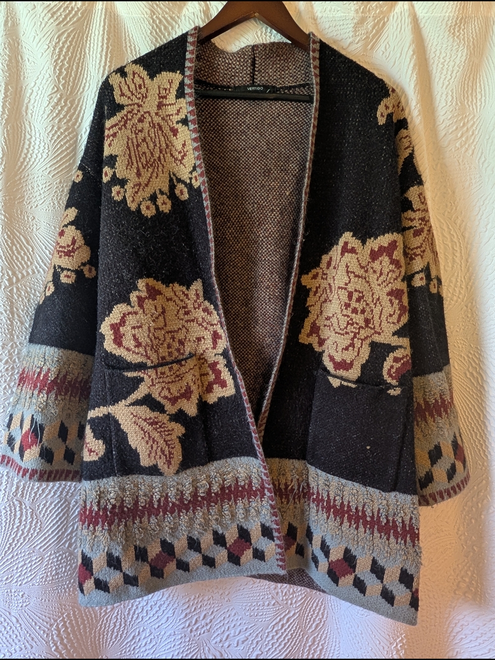 Vertigo - Boho Black Floral Tapestry Open Cardigan Sweater - Medium